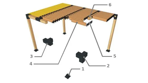 Explosionszeichnung des Modells mit Holzelementen in 4 Feldern