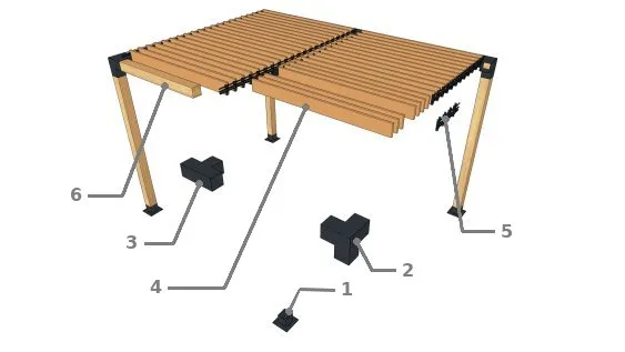 Explosionsansicht des Modells mit Holzlamellen in zwei Feldern